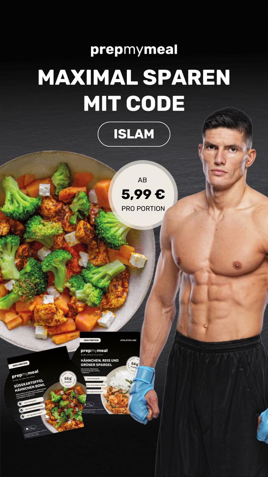Werbebanner von prepmymeal mit Islam Dulatov und dem Rabattcode ISLAM