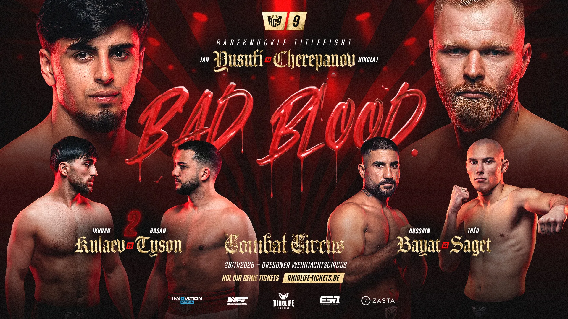 Fight Card RCS 9 Combat Circus „Bad Blood“: Bare-Knuckle-Titelkampf Jan Yusufi gegen Nikolaj Cherepanov, dazu Kulaev gegen Tyson und Bayat gegen Saget – 28.11.2026 im Dresdner Weihnachtscircus
